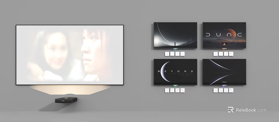 Modern TV On Minimalist Gray Wall With Screens 3d model 