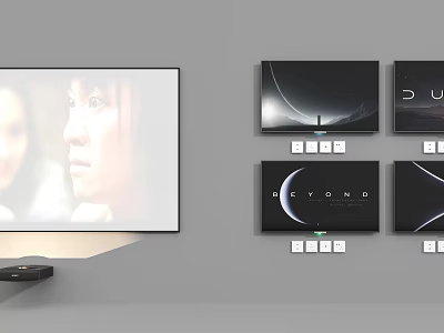 Modern TV On Minimalist Gray Wall With Screens 3d model