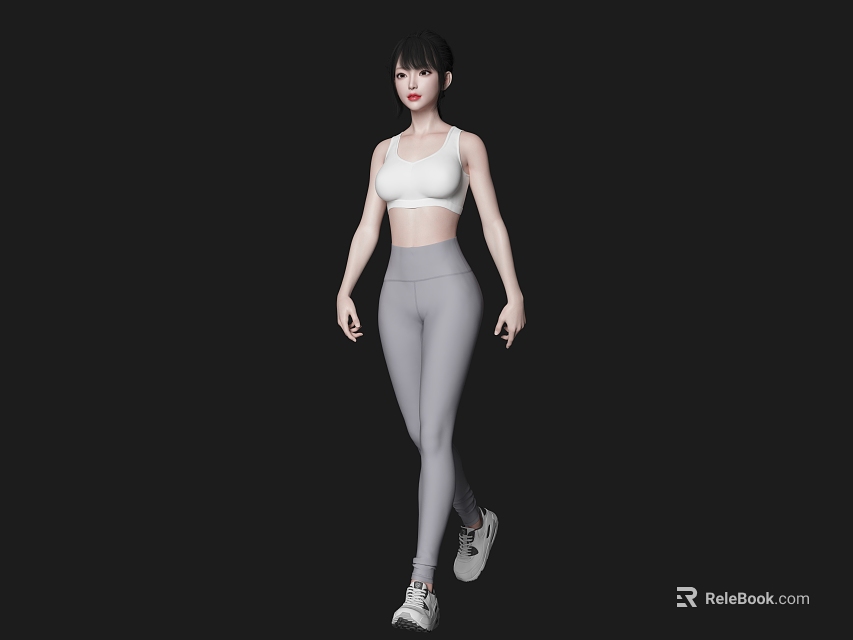 A sporty woman wearing white sports bra gray leggings with white sneakers on black background 3d model 
