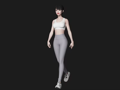 A sporty woman wearing white sports bra gray leggings with white sneakers on black background 3d model