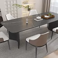 Modern Dining Table Set with Black Marble Top Light Gray Chairs Tray Plant Bright Light