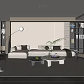 Modern Neutral Gray Living Room Interior With Sofa Coffee Table Bookshelves Green Plants Floor Lamp