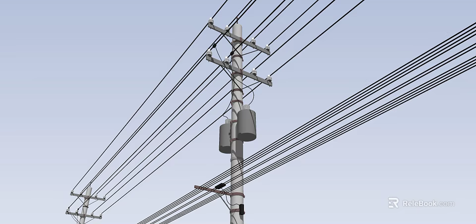 Road Infrastructure Featuring Utility Pole With Multiple Power Lines Against Clear Sky 3d model 