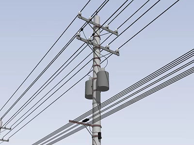 Road Infrastructure Featuring Utility Pole With Multiple Power Lines Against Clear Sky 3d model