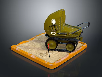 Green Tracked Vehicle Model With Number 317 Logo On Orange Sand Base And Red Flag 3d model