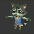 Cute Cartoon Raccoon Character With Grey Fur Blue Vest And Orange Shorts