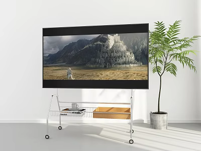Iron TV Stand with Wheels Shelf and Wooden Elements in Living Room Interior 3d model