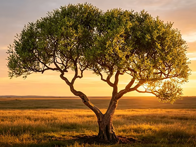 Majestic Tree With Curved Branches Lush Leaves And Sunlight In Golden Sunset Grassland 3d model