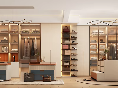 Modern Walk In Closet Interior With Organized Storage Shoe Racks And Decor 3d model