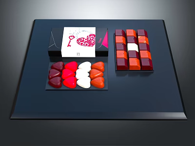 Assorted Colorful Chocolates With Heart And Square Shapes On Black Display Tray 3d model