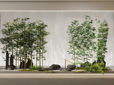 Tranquil Garden Landscape Design with Bamboo Plants Stones and Water Feature 3d model