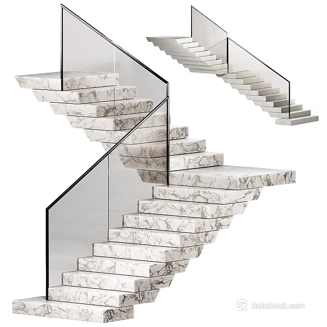 Elegant Modern Staircase Design With Marble Steps And Transparent Glass Railings 3d model 