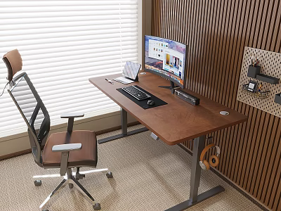 Wooden Desk Workstation With Monitor Tablet Mesh Office Chair Pegboard Wooden Striped Wall And Blinds 3d model