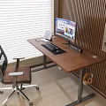 Wooden Desk Workstation With Monitor Tablet Mesh Office Chair Pegboard Wooden Striped Wall And Blinds
