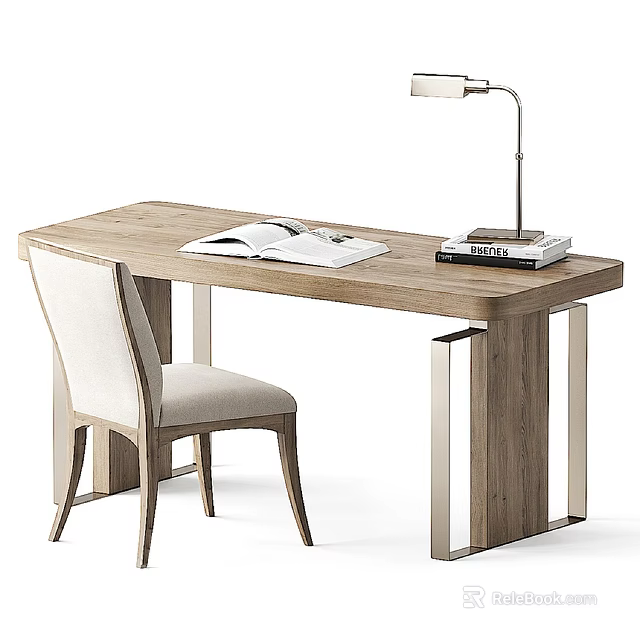 Wooden Office Desk With Comfortable Chair Table Lamp Open Book And Stacked Books 3d model 