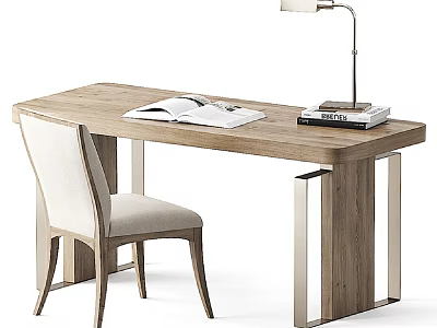 Wooden Office Desk With Comfortable Chair Table Lamp Open Book And Stacked Books 3d model