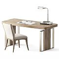 Wooden Office Desk With Comfortable Chair Table Lamp Open Book And Stacked Books