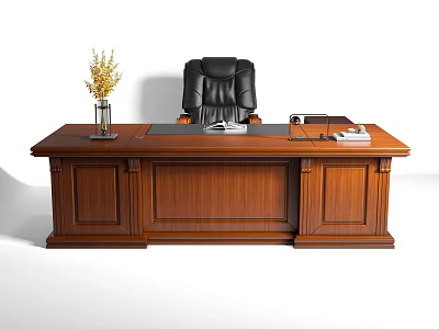 Elegant Wooden Office Desk with Decorative Drawers Black Leather Chair Vase Documents and Telephone 3d model
