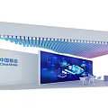 China Telecom Exhibition Booth Featuring Colorful Ceiling Lights Blue Backdrop Display Counters And White Chairs