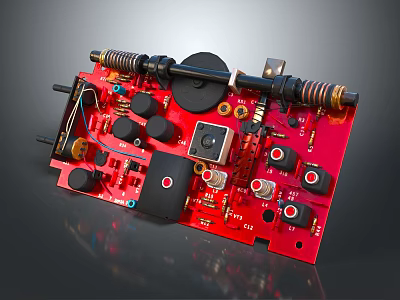 Red Computer Circuit Board With Electronic Components Capacitors Resistors Springs And Chips 3d model