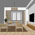 Bright Living Room With Rattan Pendant Light Beige Sofa Wooden Coffee Table And Green Plants