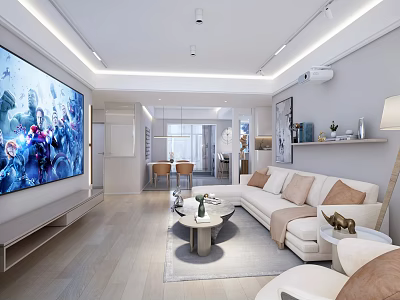Modern Living Dining Room Interior With Light Tones Large TV Sofa And Dining Table 3d model