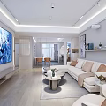 Modern Living Dining Room Interior With Light Tones Large TV Sofa And Dining Table