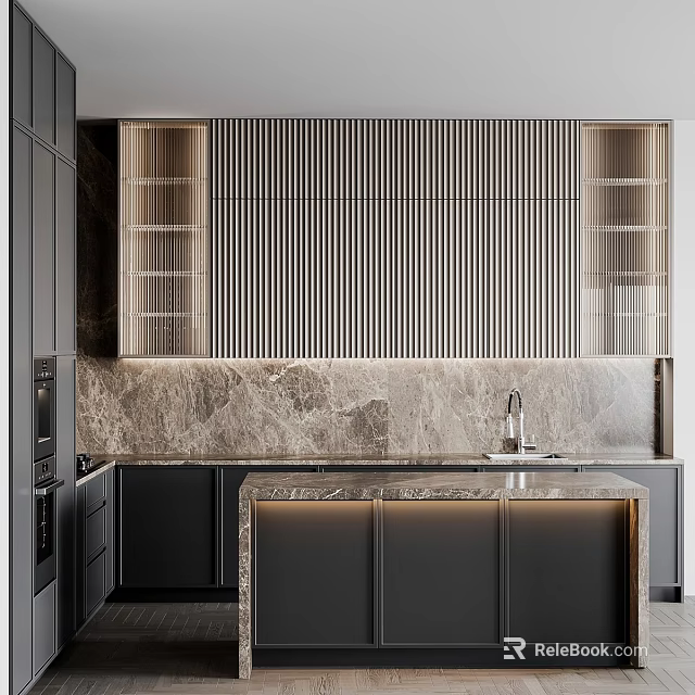Sleek Modern Kitchen Interior With Marble Island Countertop Black Cabinets Glass Doors And Striped Panels 3d model 