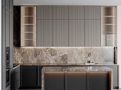 Sleek Modern Kitchen Interior With Marble Island Countertop Black Cabinets Glass Doors And Striped Panels 3d model