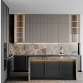 Sleek Modern Kitchen Interior With Marble Island Countertop Black Cabinets Glass Doors And Striped Panels
