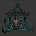 Small House Scene With Blue Roof Eave Figure Green Decorations Glowing Plants Stones And Lanterns