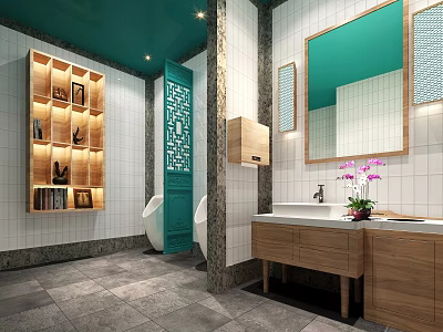 Modern Public Restroom Interior Design With Green Doors Wooden Cabinets Mirrors And Tiled Walls 3d model