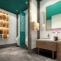 Modern Public Restroom Interior Design With Green Doors Wooden Cabinets Mirrors And Tiled Walls