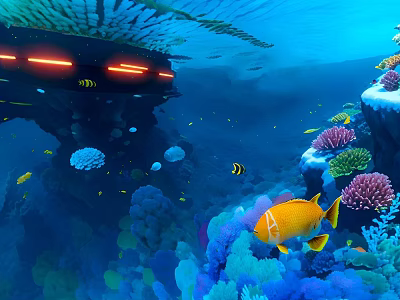 Underwater Scenery Featuring Colorful Corals Tropical Fish And Vessel With Orange Lights In Blue Ocean 3d model