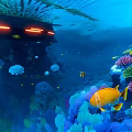 Underwater Scenery Featuring Colorful Corals Tropical Fish And Vessel With Orange Lights In Blue Ocean