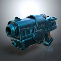 Futuristic Sci-Fi Weapon With Blue Metallic Design And G-Corp Logo