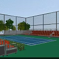 Outdoor Tennis Court With Blue Surface Green Floor Orange Seats And Fence