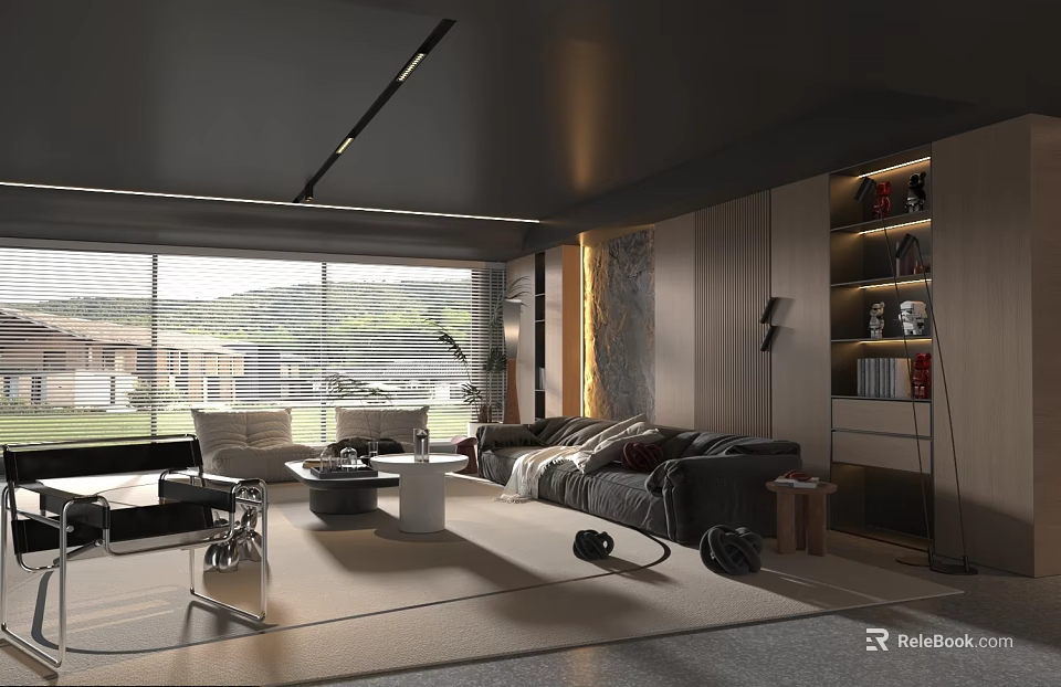 Modern Living Room Interior With Large Windows Mountain View Gray Sofa Wooden Cabinets Area Rug 3d model 