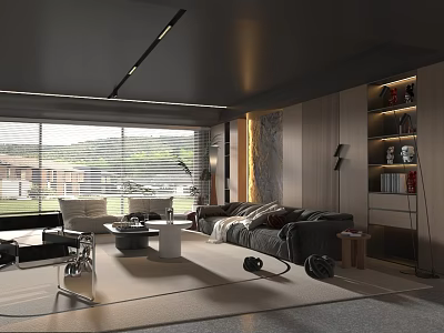Modern Living Room Interior With Large Windows Mountain View Gray Sofa Wooden Cabinets Area Rug 3d model