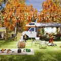 Scenic Camping Site With Autumn Trees String Lights RV Picnic Area Campfire And Swing