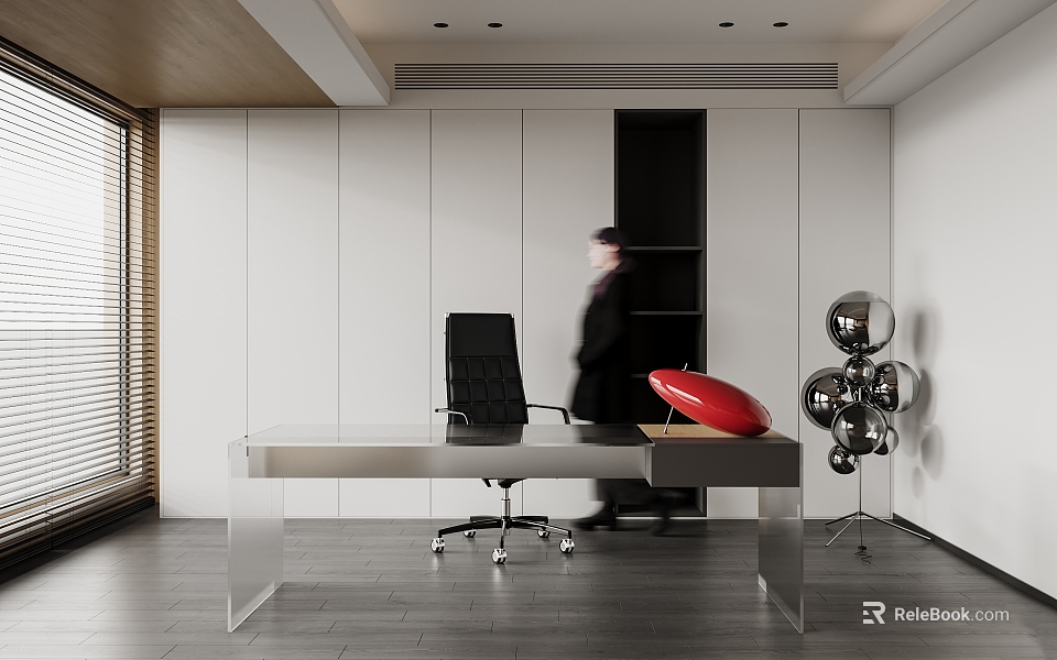 Modern Study Room With Desk Chair Red Decor And Metallic Spheres 3d model 