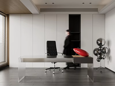 Modern Study Room With Desk Chair Red Decor And Metallic Spheres 3d model