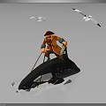 Pirate in Red Hat and Orange Outfit Riding Orca with Seagulls Flying and Water Splashes