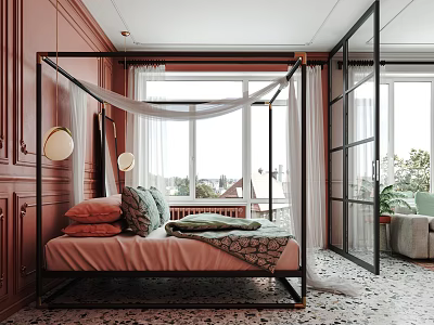 Bedroom Interior with Four Poster Bed Deep Red Walls White Curtains Windows and Patterned Tiles 3d model