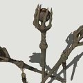 Metal Garden Ornament With Crossed Clawed Hands Holding Spheres And Sword Shaped Decorations