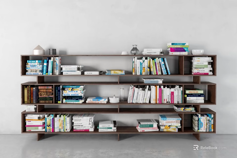 Modern Multi Tiered Bookshelf Filled With Various Books And Decorative Accents 3d model 