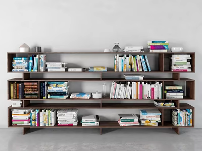 Modern Multi Tiered Bookshelf Filled With Various Books And Decorative Accents 3d model