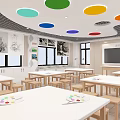 School Cafeteria Interior With Colorful Circular Ceiling Wooden Tables And Chairs