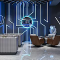 Modern Internet Cafe Interior Design With Front Counter Neon Lights And Price Screens