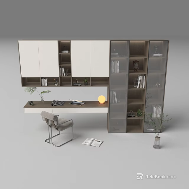Modern Bookcase With Glass Doors And Open Shelves Near Desk Chair And Plants 3d model 